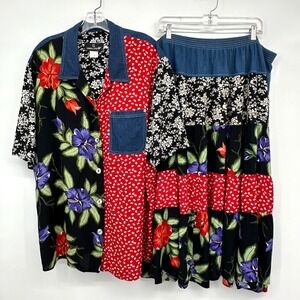 Vintage Carole Little‎ Skirt Top Set Plus Size 24 Patchwork Eclectic Cottagecore